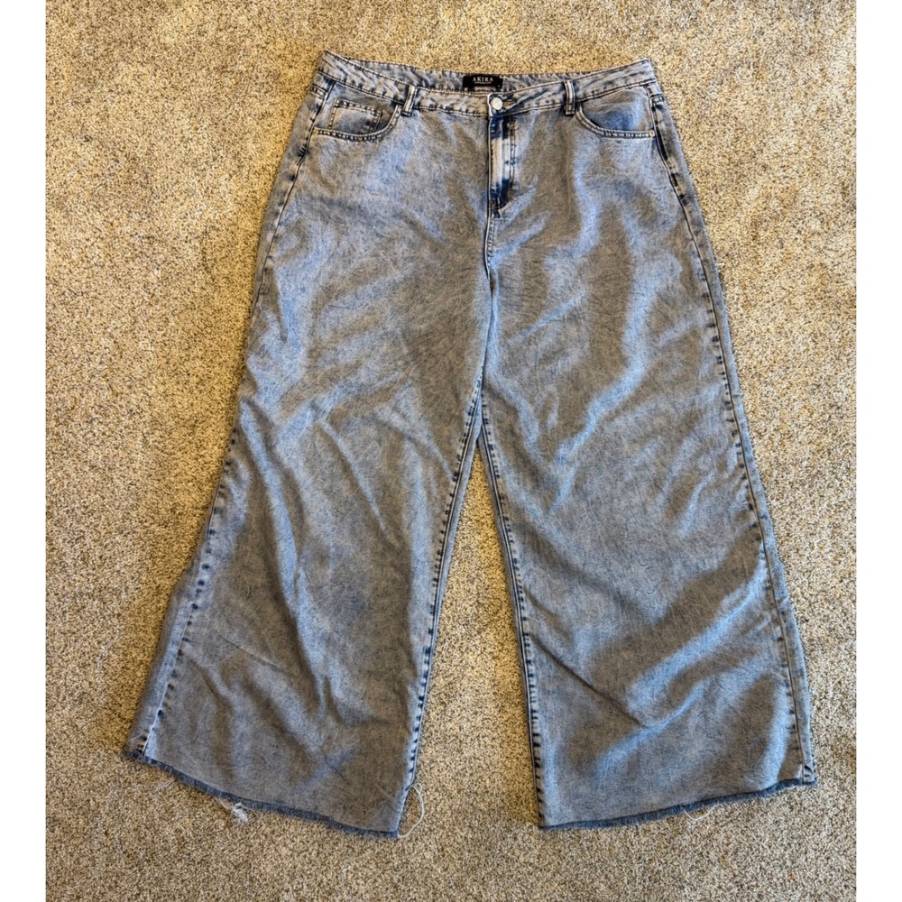 Akira Wide Leg Acid Wash Denim Jeans Light Blue Raw Hem 2X